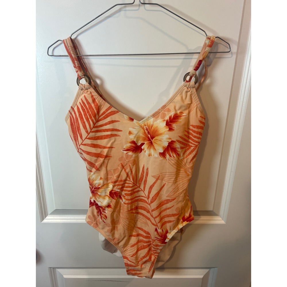 Cherokee Womens One Piece Swimsuit Tropical Floral Print Peach Size 8
